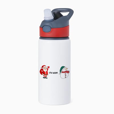 Hacebo® - Kerst sneeuwpop en kerstman met eigen naam waterfles met rietje rood - Kerstmis - Kerst beker - winter - kerst - christmas - kerst cadeau - water fles - 650ML