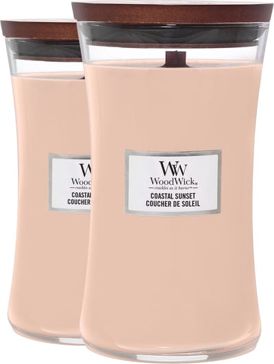 Woodwick Large Hourglass Coastal Sunset - Set van 2 Geurkaarsen - Knisperende Houten Lont - Lange Branduren - Luxe Huisparfum - Afmetingen: B:10xH: 17,5cm - Aantal branduren: ± tot 130