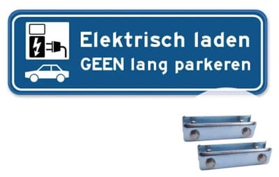 Parkeerbord Elektrisch laden - Geen lang parkeren - Weerbestendig Aluminium - 40x15 cm - Bevestiging: Met hekbeugels (voor spijlen- of gaashek)