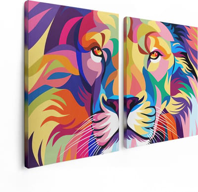 Artaza Canvas Schilderij Tweeluik Gekleurde Leeuw - Leeuwenkop - Abstract - 120x80 cm - Wanddecoratie Woonkamer - Schilderijen - Muurdecoratie