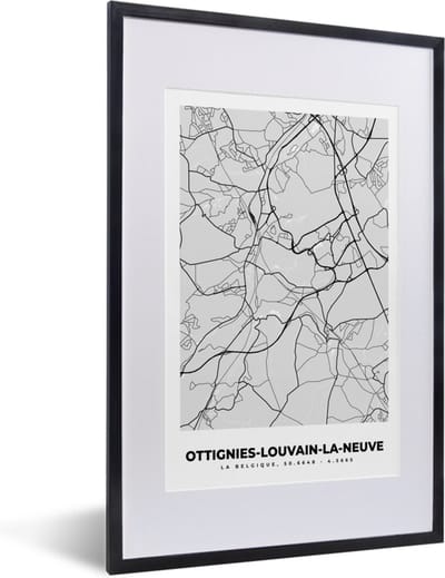 Fotolijst incl. Poster Zwart Wit- Stadskaart – Zwart Wit - Kaart – Ottignies Louvain la Neuve – België – Plattegrond - 40x60 cm - Posterlijst