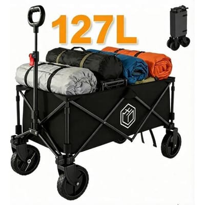 ochama compact inklapbare campingwagen 127L zwart, 200kg draagvermogen, 250L stapelcapaciteit, dubbele rem 360° wielen, ruimtebesparend opbergen,