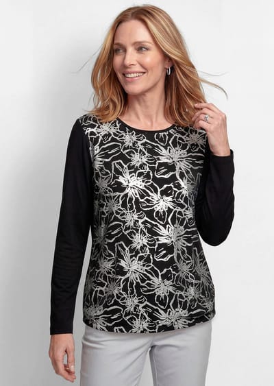 Blouse shirt met bloemenmotief en folieprint - zwart / gedess. - Gr. 19 van Goldner Fashion