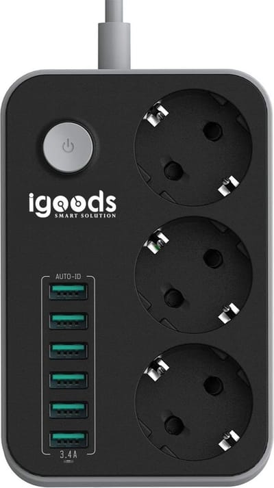IGOODS  Premium Stekkerdoos | Contactdoos met 6USB ingangen | 1.60M Snoer | Aan/Uitschakelaar | Geschikt voor Apple / Samsung / LG / Huawei / HTC