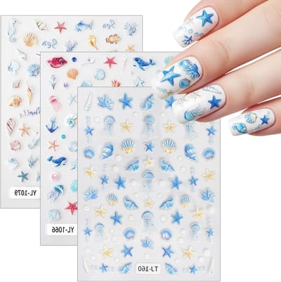 Nagelstickers Set - Zelfklevende Decals - Nail Art Creatie - 5D Reliëf Ontwerp - 3 Vellen - Blauw Oceaan