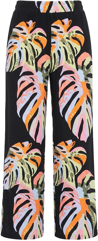 Angel of Style - Dames - Broek van jersey wijde rechte pijp bladprint - Zwart - Maat 60