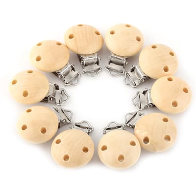 Lot de 10 attache-tétines rondes en bois naturel pour bébé, fermoirs à 3 trous beige