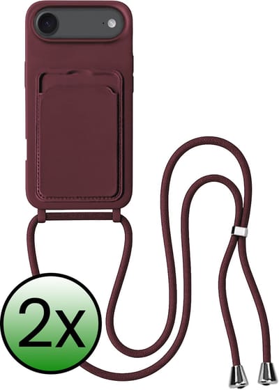 Hoes Geschikt voor iPhone Air Hoesje Pas Houder Case Hoes Met Koord - Hoesje Geschikt voor iPhone Air Hoes Met Telefoonkoord Pasjeshouder Cover - Aubergine - 2 Stuks