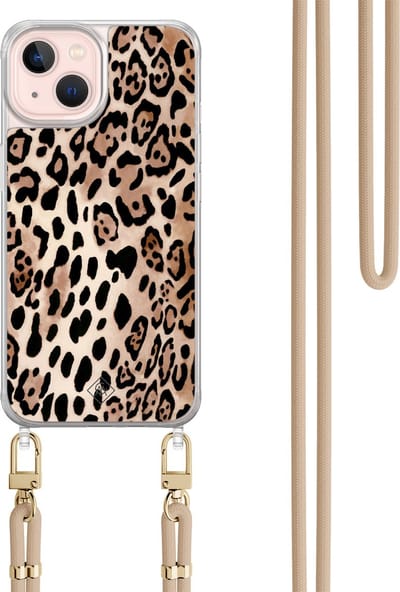Casimoda® hoesje met beige koord - Geschikt voor iPhone 13 - Luipaard print bruin - Afneembaar koord - TPU/acryl - Bruin/beige