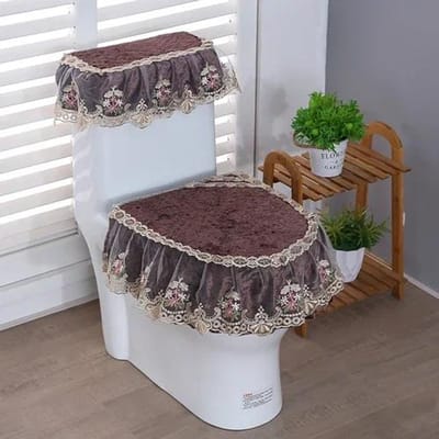 Ensemble trois pièces de toilette Velours doré 4 saisons Tissu dentelle Style fermeture éclair Haut de gamme Coussin de siège de toilette Housse de coussin de siège de toilette