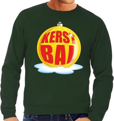 Foute kersttrui kerstbal geel op groene sweater voor heren - kersttruien S