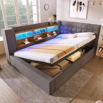 BLACKCOLORS Gestoffeerd bed 140x190 cm Tweepersoonsbed met ledverlichting, hydraulische opbergruimte, L-vormig hoofdeinde met opbergruimte, aan beide zijden te monteren, lattenbodem, linnen stof, grijs (zonder matras)