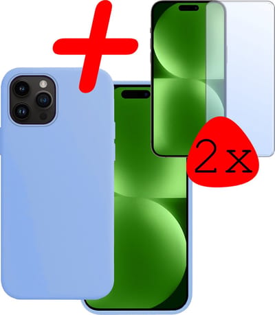 Hoesje Met 2x Screenprotector - Geschikt voor Apple iPhone 15 Pro - Sterk & Shockproof - Back Cover - Siliconen Case - Telefoon Hoes - Lichtblauw