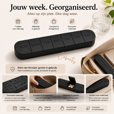 Cabantis® Pillendoos Week - Medicijndoos 7 Dagen - Pillen Organizer voor Medicatie, Vitamines & Supplementen - Compacte Weekdoos voor Onderweg - Zwart