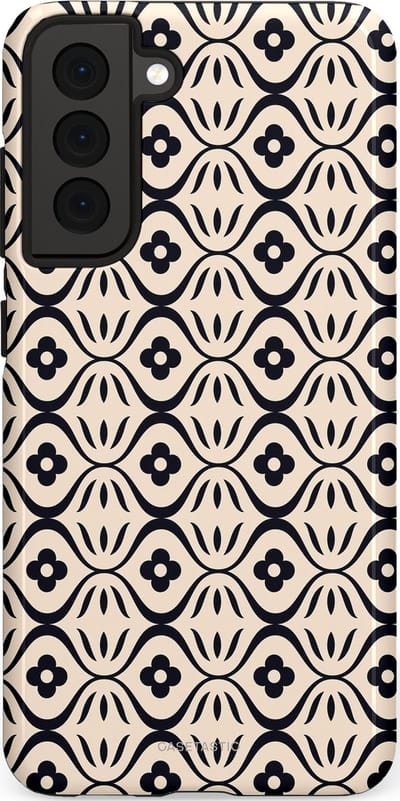 Casetastic hoesje geschikt voor Samsung Galaxy S21 FE 5G - Dubbellaagse bescherming - Retro crème-zwarte bloemenprint - Fashion Case - Crème Grijs Donkergrijs
