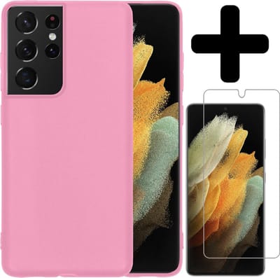 Hoesje - Met Screenprotector - Geschikt voor Samsung Galaxy S21 Ultra - Sterk & Shockproof - Back Cover - Siliconen Case - Telefoon Hoes - Telefoonhoesjes - Roze