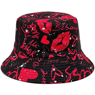 Rode Lippen Print Emmerhoed Liefde Hart Graffiti Patroon Vissershoeden Dubbelzijdig Panama Pet Zomer Zonnebrand Buiten 56-58cm red