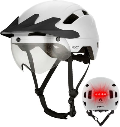 GOOFF® Pilot 4-in-1 Snorfiets Helm met Verlichting en Vizier - Speed Pedelec Fietshelm voor Volwassenen - NTA 8776 - Snorscooter Helm met LED Licht - Goedgekeurd voor Blauw Kenteken en E Bike - Dames en Heren - M - Wit