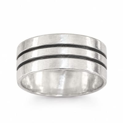 Mbrace Brede Handgemaakte Zilveren Bandring met Twee Lijnen - Unisex Ring - 925 Sterling Zilver - 10mm Breed - Maat 17 ,25mm