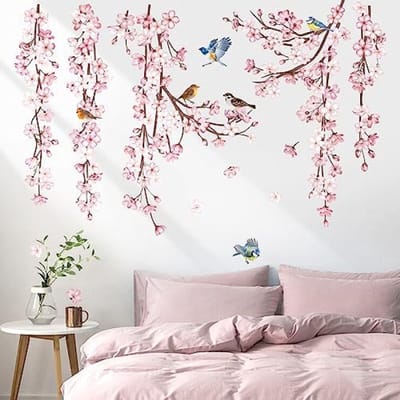 PromoHome Kersenbloesem Muursticker Set - Hangende Bloemen Boomtak Vogelwereld Muurdecoratie voor Meisjeskamer, Slaapkamer en Woonkamer - 8 Vellen Wanddecoratie