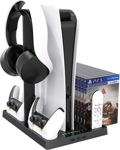 Oplaadstation voor koelventilator - Dubbele controller Oplader - Verticale standaard met koel ventilator - Geschikt voor: PlayStation 5 standaard - Gaming accessoire - headset standaard - Opslag voor Games- PS5-accessoires