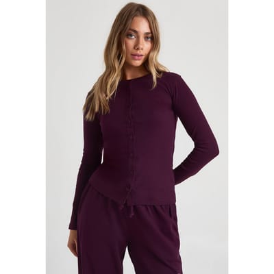 boohoo Dames Geribbelde doorgeknopte top met lange mouwen | Fig | Maat: 34