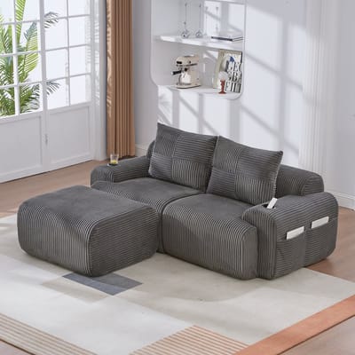 Wishdor Modulaire 2-Zitsbank Met Hocker - Vrij Indeelbaar En Met Bekerhouder - Modern - Voor Woonkamer - Ribstof - Donkergrijs - 200 X 174 X 80 Cm