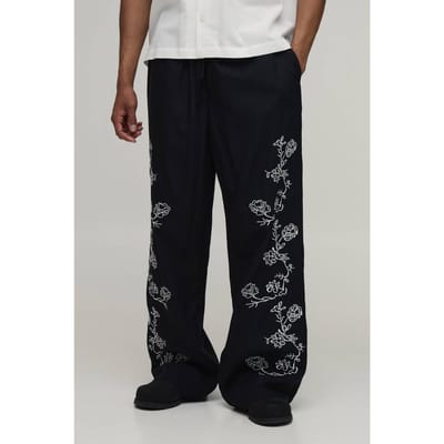 Wijde Linnen Blend Broek Met Geborduurd Naaddetail | Black | Size Large
