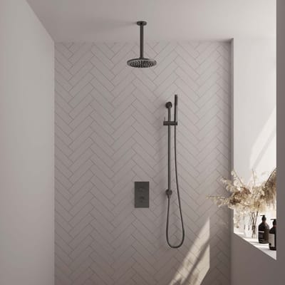 Brauer Gunmetal Edition thermostatische inbouw regendouche 3-weg omstelling SET 41 met 20 cm douchekop en plafondarm en staaf handdouche en doucheslang en geïntegreerde glijstang gunmetal geborsteld PVD