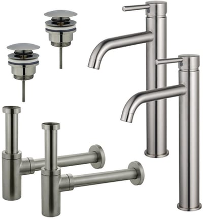 FugaFlow Eccelente Sobrado Badkamer Wastafelkraanset - voor dubbele wastafel - verhoogde wastafelkraan - klikwaste plug - design sifon - PVD Geborsteld RVS