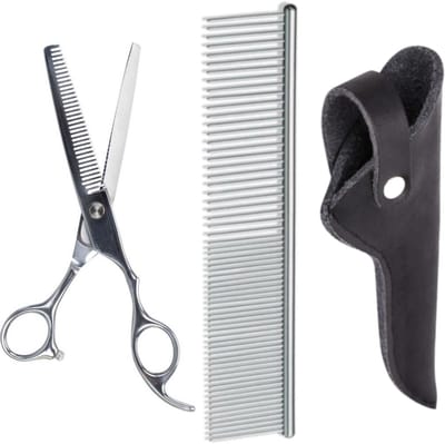 Professor Q Effileerschaar – Professionele Uitdunschaar voor Hondenvacht – RVS – Rechtshandig – 6 inch met Luxe Lederen Etui – 16,5 cm – Zwart + Anti-Klit Kam – Pijnloos & Huisdiervriendelijk