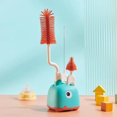 DutchStorks - Flessenborstel Set - 4-delig - Babyfles Schoonmaakborstel met houder - Droogrek- Speen borstel - Roterend - Riet Borstel - Complete Reinigingsset - Kraamcadeau