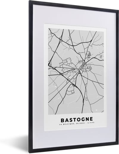 Fotolijst incl. Poster Zwart Wit- Stadskaart – Plattegrond – België – Zwart Wit – Bastogne – Kaart - 40x60 cm - Posterlijst