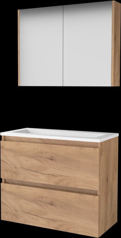 Basic Comfort 39 badmeubelset met spiegelkast, greeploze wastafelonderkast met 2 lades en acryl wastafel zonder kraangaten 80 x 39 cm, whisky oak