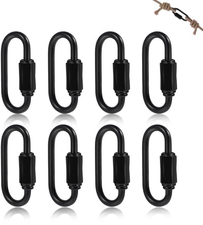 8 stuks D-vormige karabijnhaken, zwart, duurzame karabijnhaken, zwart met schroefsluiting (42 x 20 mm), voor camping, rugzakken en sleutelhangers, robuuste metalen snelkoppelingen