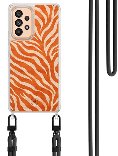 Hoesje met koord geschikt voor Samsung Galaxy A52 5G - Zebra oranje - Inclusief Zwart koord - Crossbody beschermhoes - Transparant, Oranje - Mooie Telefoonhoesjes