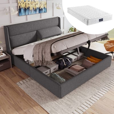 Gestoffeerd tweepersoonsbed 160x200cm met verstelbare hoofdsteunen, hydraulisch bedframe met opbergruimte, bed van linnen met metalen lattenbodem, grijs (inclusief matras)