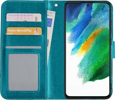 Hoesje Met Pasjeshouder - Geschikt voor Samsung Galaxy S21 FE - Luxe Bookcase Portemonee - Flip Case - Kunstleer Book Case - Flipcase - Book Cover - Walletcase - Portemonneehoes - Turquoise