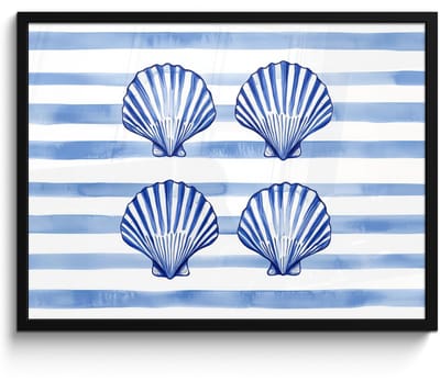 Poster in lijst - Fotolijst 80x60 cm - Posters - Vier schelpen - Blauw - Wit - Strepen - Posterlijst zwart - Decoratie - Wanddecoratie woonkamer - Muurdecoratie slaapkamer