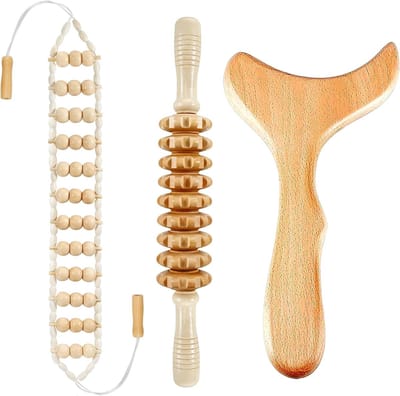 Houttherapie Massage Set - Houten Roller Gua Sha - Spieren Ontspannen - Ergonomisch Ontworpen - 3 stuks - Natuurlijk Hout