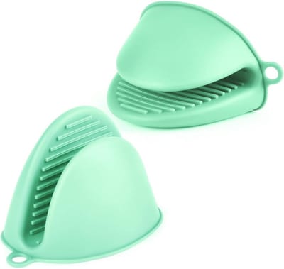 GELLDG 2 stuks ovenhandschoenen - Geïsoleerde ovenhandschoenen - Extra dik - Mini - Antislip - Hittebestendige siliconen pannenbeschermer - Waterdicht - Geschikt voor bakken, koken, grillen en braden - Groen