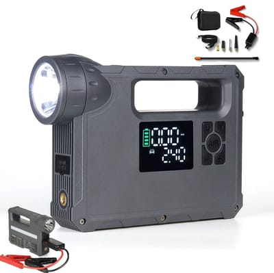 Jumpstarter 12V voor Auto-5-in-1 Multifunctionele Jumpstarter 16000mAh- Jumpstarter voor auto -Dubbele Turbopomp & Banden­drukmeter-2000 lumen LED-verlichting-Type-C Snellader Powerbank-LED-display-Auto/Motor Accu­hulp-In Opbergkoffer