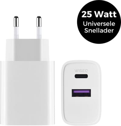USB C snellader 25W – dual fast charger – adapter met USB C en USB poort – geschikt voor iPhone en Samsung – wit – WiseQ