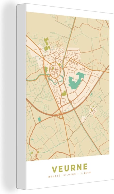 Canvas Schilderij Stadskaart - Kaart - Plattegrond - Vintage - Veurne - 20x30 cm - Wanddecoratie