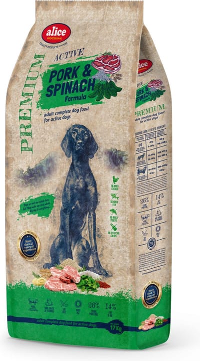 Alice Pork & Spinach - Hondenvoer - Hondenbrokken - voor volwassen honden van alle rassen - 17kg