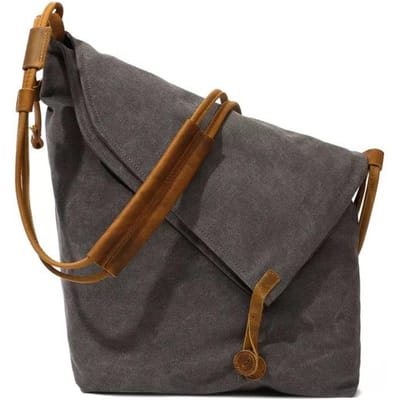 Vintage Canvas Tas Europese en Amerikaanse Stijl Stoffen Tas Trend Heren- en Dames Canvas Knot Hoofd Laag Koeienhuid Schoudertas Schuin grijze kleur