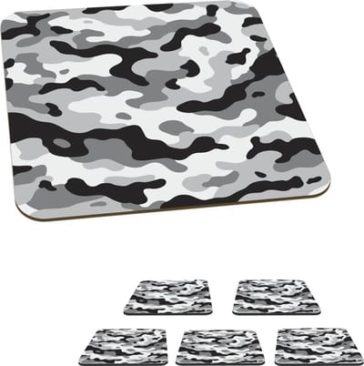 Onderzetters voor glazen - Zwart-wit camouflage patroon - 10x10 cm - Glasonderzetters - 6 stuks