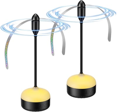 Set van 2 draagbare batterijgevoede tafelvliegenventilatoren – tafelvliegenjager – warmwitte LED & zachte bladen – ideaal voor keuken, terras, kamperen – zwart.L