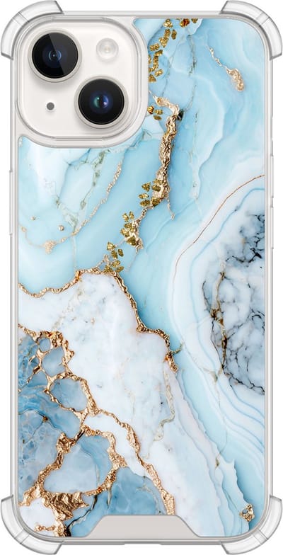 Shockproof hoesje - Geschikt voor iPhone 14 - Marmer babyblauw - Extra sterke case - TPU/polycarbonaat - Marmer - Blauw, Transparant
