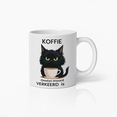 Grappige Koffiemok Kat – “Omdat moord verkeerd is” – Zwarte Kat Design, Sarcastisch Cadeau voor Kattenliefhebbers, 330 ml Keramiek, Vaatwasser & Magnetronbestendig